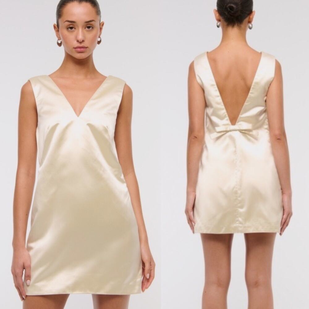 Abercrombie & Fitch Champagne Plunge-Bow Back Mini Satin Dress